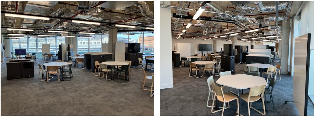 Classroom with table and chairs set up for active learning.